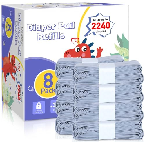 8 Pack Nappy Bin Refills Compatible with Most Nappy Disposal Systems | 6m Nappy Refill BagsLiners, Odour Lock & Tear-Resistant Nappy Bin