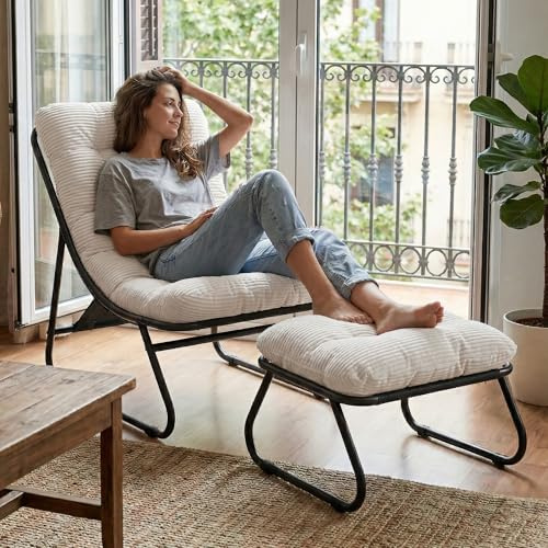 Villeston Ohrensessel mit Hocker, Bequemer Lesestuhl | Ergonomischer Lounge-Stuhl für Wohnzimmer, Schlafzimmer oder Büro – auch für Terrasse, Balkon, Pool und Garten, Indoor & Outd