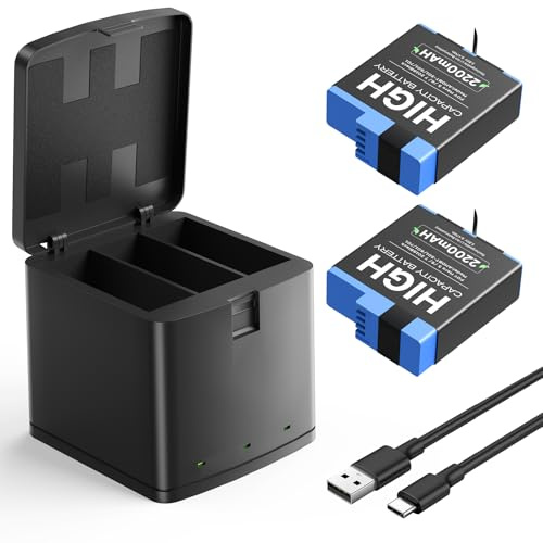 2er-Pack Akkus für GoPro Hero 8, 7, 6, 5 und 3-Kanal-USB-Akku-Ladegerät mit Typ-C-Kabel, 2200 mAh Ersatz Hochleistungsakkus für GoPro Hero 8, 7, 6, 5 Schwarz Action-Kamera