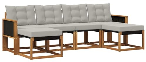 vidaXL Outdoor-Sofagarnitur mit Kissen 6 pcs Natürlich und Hellgrau, Garten Ecksofa, modernes Möbel für draußen, langlebige Liege, Coole Sitzgelegenheit auf der Terrasse