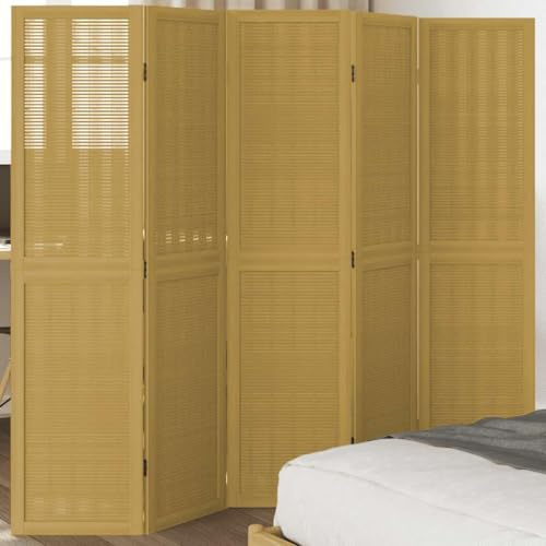 Kaloriko 5-tlg. Raumteiler Paravent aus braunem Paulownia-Massivholz und Bambus, faltbar, freistehend, blickdicht, ideal als Sichtschutz im Schlafzimmer, Wohnzimmer, Büro und Kinderzimmer