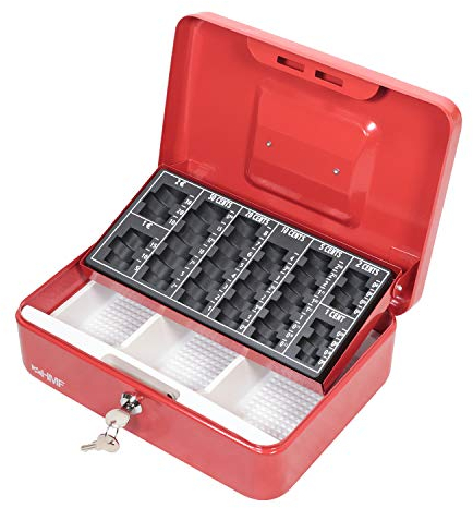 HMF Caisse à monnaie, Caisse avec monnayeur, 3 compartiments pour billets | 25 x 18 x 9 cm | Rouge