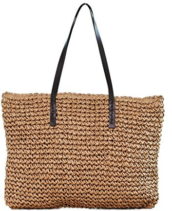 Femme Fille Sac de Plage Cabas Paille Sacs Fourre Tout pour Shopping Voyage Café Léger