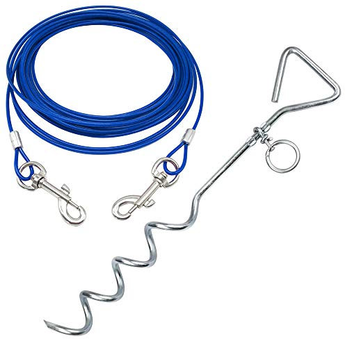 Bunty 16 Heavy Duty Dog Stake & 20ft. Dog Tie Out Cable - 360° Spiral Dog Lead Spike, Tangle-Free O-Ring - Dog Stake for Camping, Yard, Park - Small, Medium, Large Dogs - Blue