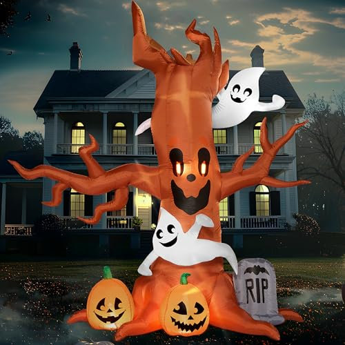 Joiedomi Arbre effrayant gonflable d'Halloween de 2,4 m avec fantôme, citrouille et pierre tombale, jouet gonflable avec LED intégrées pour les fêtes d'Halloween en intérieur, extérieur, cour, jardin