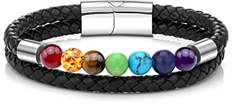 JSDDE Schmuck Chakra Armband Partnerarmbänder Paar Armbänder aus Heilstein Edelstein geflochten Lederband Perlenarmband für Männer Frauen (Chakra Doppelschicht Armband)