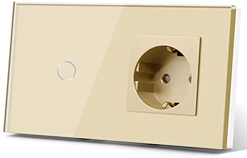 BSEED Normal Steckdose mit Smart Lichtschalter Kompatibel mit Alexa,Google Home, Glas Touchscreen-schalter,Smart Lichtschalter 1 Fach 1 Weg 16Amp Steckdose Golden (kein Neutralleiter benötigt)