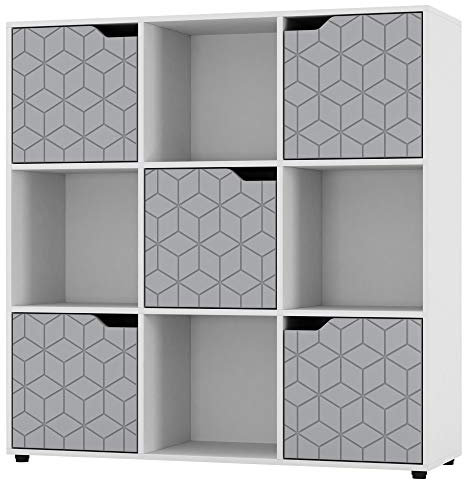 URBNLIVING White Wooden Cube Bookcase Geo Geometric Door Display Shelf Storage Shelving Cupboard (Grey Door, 3x3 Cube (9 Cube))