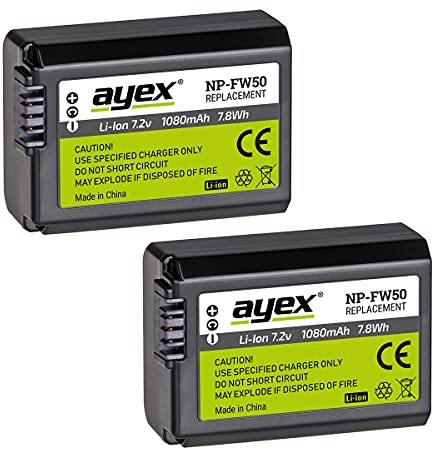 ayex NP-FW50 Akku 2er Set Passend für Sony NEX & Alpha zB A7S A7RII A7II A6500 NEX 7 RX10 Leistungsstark & zuverlässig