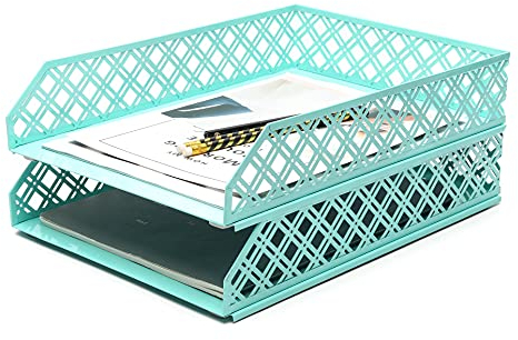 Exerz Letter Trays 2pcs Stackable Paper Sorter/Desk Organiser/File Tray for Desk - Wire Mesh Metal- Office, School, Home (Turquoise)