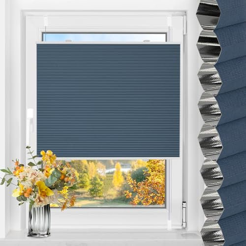 TFSKY Wabenplissee Plissee ohne Bohren Verdunkelung Klemmfix Zweifarbigz Weiß-Blau B85 x H120 cm Plissees Thermo Doppelplissee Verdunkelnd Verdunklungsplissee Sonnen- & Schallschutz für Fenster