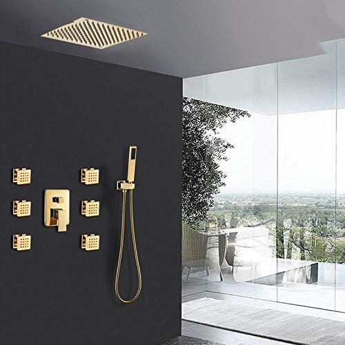 Set di rubinetti per doccia Soffione doccia ultrasottile oro 6 pezzi Getti idromassaggio per doccia Miscelatore a 3 vie per doccia dorata Kit doccia oro per vasca da bagno-Set completo da 10 pollici