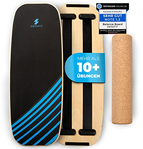 Dessfit Balance Board Holz Rutschfest mit Kork Rolle | Balance Board Kinder & Erwachsene | Gleichgewichtstrainer | Balance Training Equipment | Balance Trainer | Wackelbrett Physiotherapie Zubehör