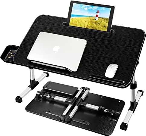 AirOpen Laptoptisch fürs Bett, Höhenverstellbar, Winkelverstellbar, Betttisch Klappbar mit Schublade, Tablet-Ständer, Laptop Tisch für Bett, Sofa, Couch, Boden (60 x 34 cm, Schwarz)