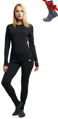 Merino.Tech 100% Vetement Femme Ensemble Laine Merinos + Chaussettes (Small, 165 Lite Charcoal)