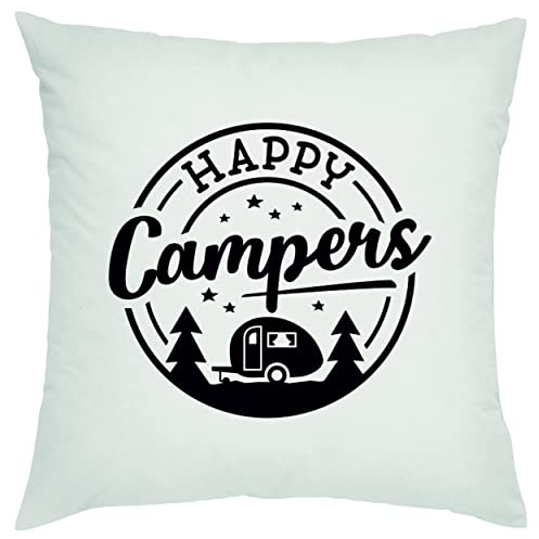 Crealuxe Happy Campers. Zierkissen, Sofakissen, bedrucktes Kissen, Baumwollkissen