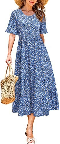 STYLEWORD Women Summer Dress Floral Short Sleeve Ladies Casual Swing Midi Dress with Pockets(Floral09,X-Large)