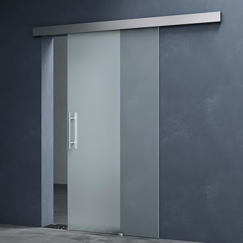 Mai & Mai Glasschiebetür komplettset softclose 77,5x215cm Vollsatiniert | Zimmertür, Griffart: Stangengriff, 25 mm Wandabstand, inkl. Softclose-Automatik, 8mm ESG-Sicherheitsglas Amalfi