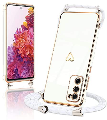 Micoden Handykette kompatibel mit Samsung Galaxy S20 FE 4G/S20 FE 5G Ultra dünn Kameraschutz Herz Love Design Galvanik TPU Silikon Bumper Kordel zum Umhängen Handyhülle mit Band Schutzhülle,Weiß
