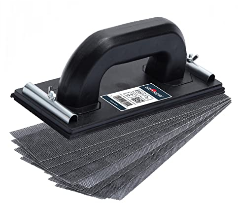 NEYNOR® Handschleifer set - Rigips-Set - Profi Handschleifer - Rigipswerkzeug - mit Metallklemmgriff und Schleifgitterleinen 5x P120 + 5x P220 - Made in EU