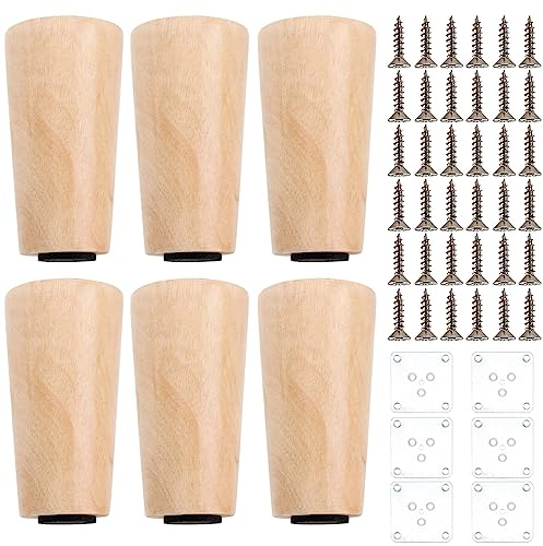 SINJEUN 6 PCS 10cm Pieds de Meubles en Bois, Pieds de Canapé en Bois avec Plaque de Montage, Vis et Tapis Antidérapant, Pieds de Meubles de Remplacement en Bois Fuselé