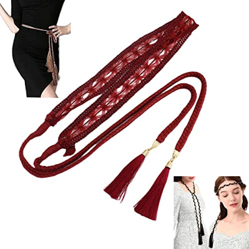 FAIRYGATE Red Wide Waist Belt Women's Fashion Tassel Thin Braided Skinny Woven Belts Waist Band for Skirt Dress Waistband for Women and Girls A0811