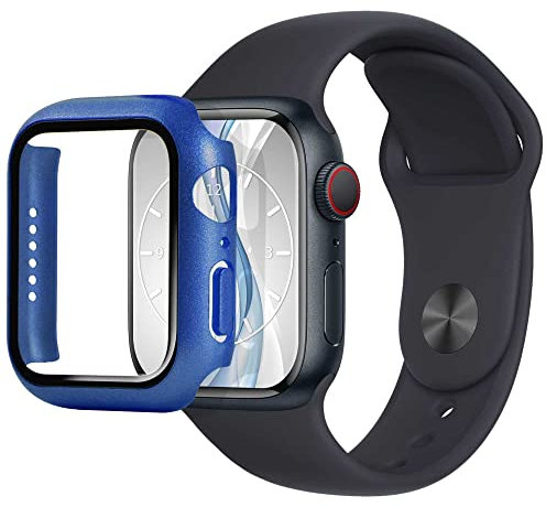 mtb more energy Custodia compatibile con Apple Watch 9, 8, 7 (45 mm) – blu metallizzato – Pellicola protettiva integrata in vetro temperato – Protezione completa Bumper Caso Custodia protettiva in