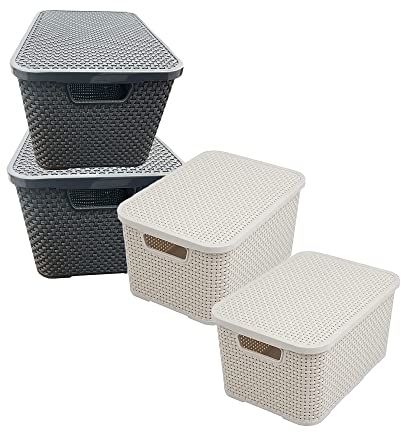 Cream & Grey Rattan Effect Baskets For Home Office Laundry Kitchen Storage Boxes (2 Baskets, Cream)