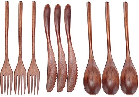Wooden Tableware, 3 Set Wooden Cutlery Set for Eating Reusable Japanese Style Reusable Wood Dinnerware Set Wooden Spoon Fork Knife Cutlery Set