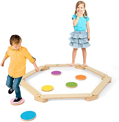 GOPLUS Kinder Balancierbalken, Schwebebalken Set aus Holz, 12-teilig Balancierbrett mit 6 farbige Trittsteine, Hindernisparcours für Kleinkinder, für Kinderzimmer Spielzimmer Kindergarten