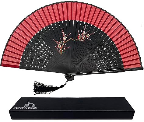 FANSOF.FANS Floral Red and Black Chinese Japanese Silk Fabric Handheld Folding Hand Fan with Pouch and Gift Box Grade A Bamboo Ribs for Women Girls Dance Event Birthday Wedding Favour Gift (Style 06)