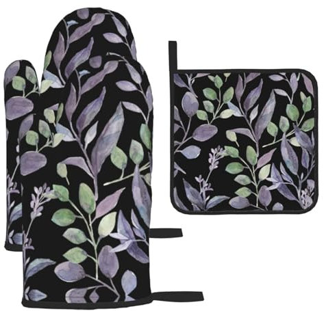 Purple Sage Green Leaves Kitchen Baking 3-Piece Set, Microwave Mitts, Heat-Resistant Gloves, Pan Mats, For Oven Baking And Kitchen