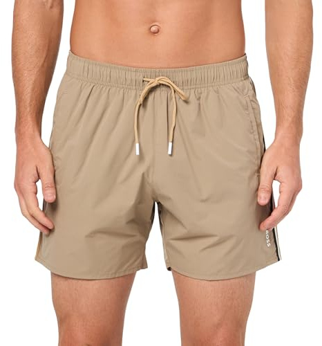 BOSS Men's Solid Swim Trunk with Iconic Side Stripe Swimming Trunks, Roasted Pine Nuts, S