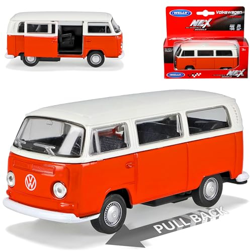 Welly Volkwagen T2 Orange Beige Bus Transporter 1967-1979 mit Rückzugsmotor ca 1/43 1/36-1/46 Modell Auto