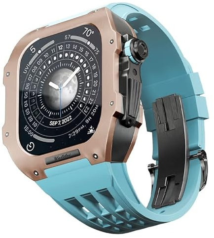 BRART Kit de modificación de reloj para Apple Watch 6 5 4 SE 44 mm caja de titanio+correa Viton, estuche de lujo y kit de modificación de banda (color: azul 2, tamaño: 44 mm), 44MM, Agate