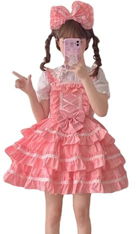Jolie robe Lolita sans manches pour femmes et adolescentes, costume de princesse anime pour costumade – Tenue de soubrette gothique, kawaii – Robe à volants à volants, Robe courte rose, taille unique