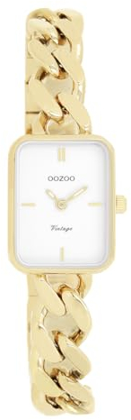 Oozoo Vintage Damen Uhr Gold/Weiß | Armbanduhr Damen mit Metall Chunky Armband | Moderne Uhr für Frauen - Edle Analog Damenuhr in rechteckig C20362 (20x26mm)