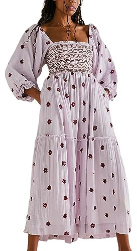 Qianderer Women's Flower Embroidered Maxi Dress Puff Sleeve Square Neck Swing Tiered Bohemian Flowy Dress Beach Long Dress (Ba Purple, L)