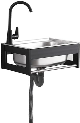 Evier Pour Cuisine, Evier Inox 1 Bacs Évier Jardin Mural Avec Cadre En Aluminium, Ensemble Évier Exterieur Avec Robinet, Porte-serviettes, Installation Facile Meuble Evier