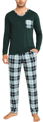 Aseniza Schlafanzug Herren Lang Pyjama Langarm Nachtwäsche mit Brusttasche | Nachtwäsche Hausanzug Zweiteiler Karohose elastischer Bund weich atmungsaktiv bequem Oberteil Zuhause Freizeit Reisen