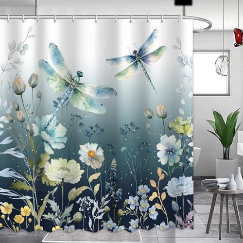 APROPHIC Rideau de Douche Rideau Douche Libellule 180 x 180 cm Rideau Baignoire Plante Imperméable Rideau de Salle de Bain Tissu en Polyester Fleur Décoration Bleu avec 12 Accrocher
