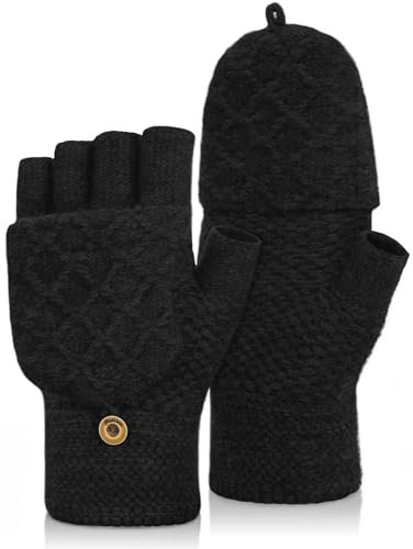 MELLIEX Fingerlose Handschuhemit mit Flip-Top, Strick Halb Fingerhandschuhe, Winter Thermohandschuhe für Damen und Herren,Schwarz