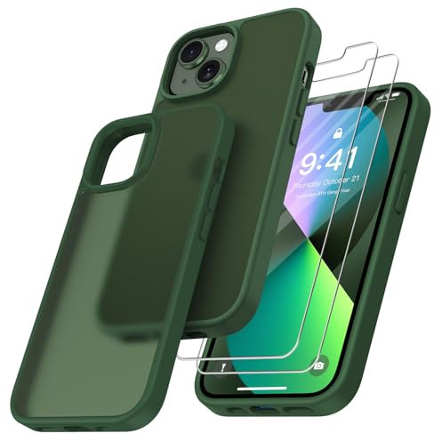 Niphabe Hard Hülle Kompatibel mit iPhone 13 mit 2 Stück Schutzfolie, Nie Vergilbung Hard PC Case Kratzresistente Rückseite Stoßfest Schutzhülle TPU Bumper für iPhone 13 Hülle 6,1'' -Dunkelgrün