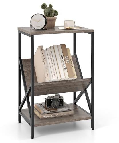 COSTWAY Sofa Side Table, Industrial Nightstand Record Player Stand with Album Vinyl Storage and Open Shelf, Metal Frame Wooden Turntable Stand Bedside End Table for Living Room Bedroom (Grey)