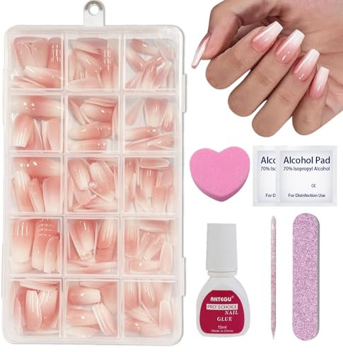OKAQEE 240 Stück Coffin Nail Tips Full Cover Nageltips - Press on Nails, Medium Kunstnägel Kit - Gradient Künstliche Fingernägel für Nail Extensions mit Box (Nude Coffin Gradient)