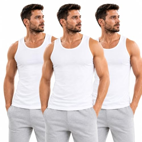 ShopMCR 3PK Men's Gym and Workout Vests - 100% Cotton Sleeveless Tank Tops for Summer Athletic Wear, Breathable and Slim Fit (3PK, 2XL, White)