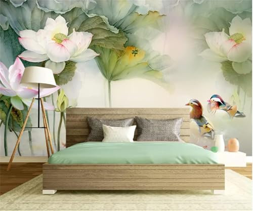 Fleur De Lotus Rose Feuille De Lotus Vert Canard Mandarin Papier Peint 3D Intissé Bureau Salon Canapé Chambre Fond Décoration Murale-430cm×300cm