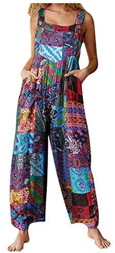 Nicoxijia Women Patchwork Dual Pocket Jumpsuit Summer Wide Leg Bib Suspender Overall Rompers Sleeveless Floral Bohemian Pants (Blue, XL)