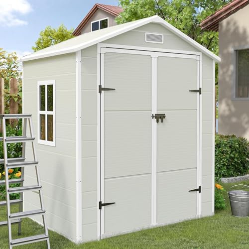 Amopatio Gartenhaus wetterfest 3.9 m³, Außenmaße: BxTxH:183x137x210cm Kunststoff-Harz, Fenster, Fahrradgarage, Outdoor-Lagerung für Mülleimer Hinterhof, Garten, Sandstone