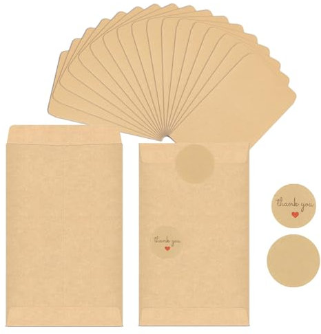 BYETIVE 100pcs Vintage Papiertüten Klein Braune Kraftpapiertüten Mini Umschlag Kraft Weihnachtskarte Papierbeutel für Süßigkeiten Samen Hochzeit Bonbons Geburstag mit 200 DIY Aufkleber,16.5x10CM
